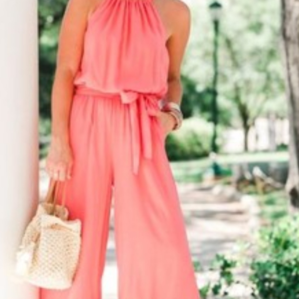 Gibson Pink Halter Jumpsuit with Flowy Silhouette